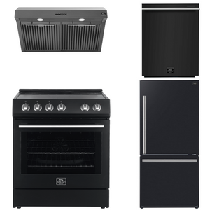 FORNO Espresso Package - 30" Electric Range, Range Hood, Refrigerator and Dishwasher in Black with Stainless Steel Handles, FBDL-006-02US