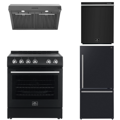 FORNO Espresso Package - 30" Electric Range, Range Hood, Refrigerator and Dishwasher in Black with Stainless Steel Handles, FBDL-006-02US