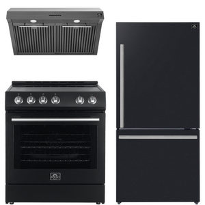 FORNO Espresso Package - 30" Electric Range, Range Hood and Refrigerator in Black with Stainless Steel Handles, FBDL-001-02US