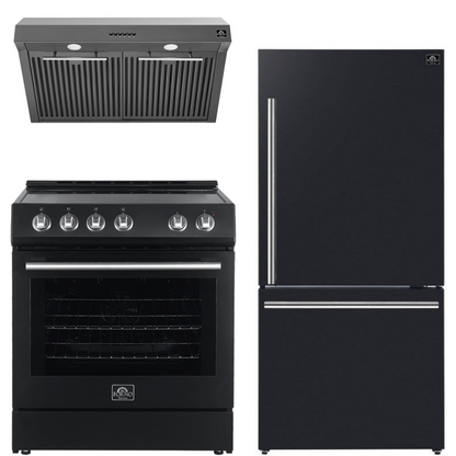 FORNO Espresso Package - 30" Electric Range, Range Hood and Refrigerator in Black with Stainless Steel Handles, FBDL-001-02US