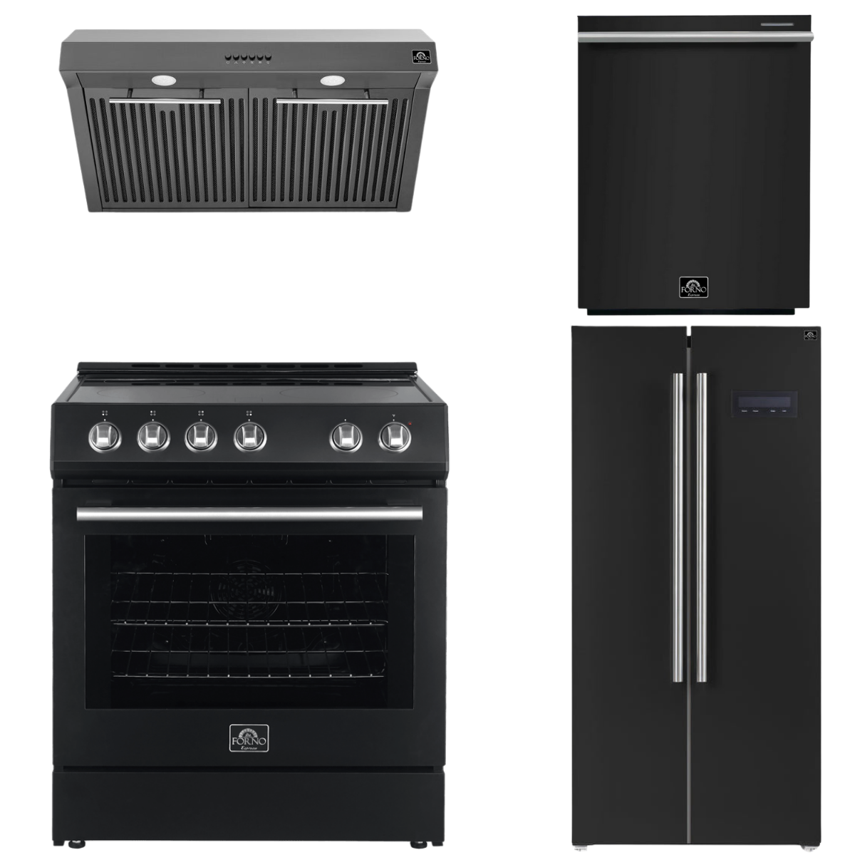 FORNO Espresso Package - 30" Electric Range, Range Hood, Refrigerator and Dishwasher in Black with Stainless Steel Handles