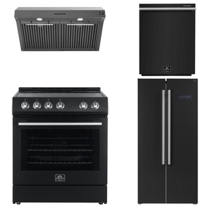 FORNO Espresso Package - 30" Electric Range, Range Hood, Refrigerator and Dishwasher in Black with Stainless Steel Handles