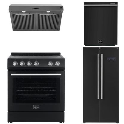 FORNO Espresso Package - 30" Electric Range, Range Hood, Refrigerator and Dishwasher in Black with Stainless Steel Handles