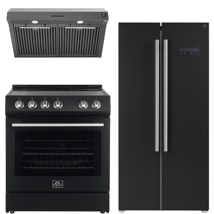FORNO Espresso Package - 30" Electric Range, Range Hood and Refrigerator in Black with Stainless Steel Handles