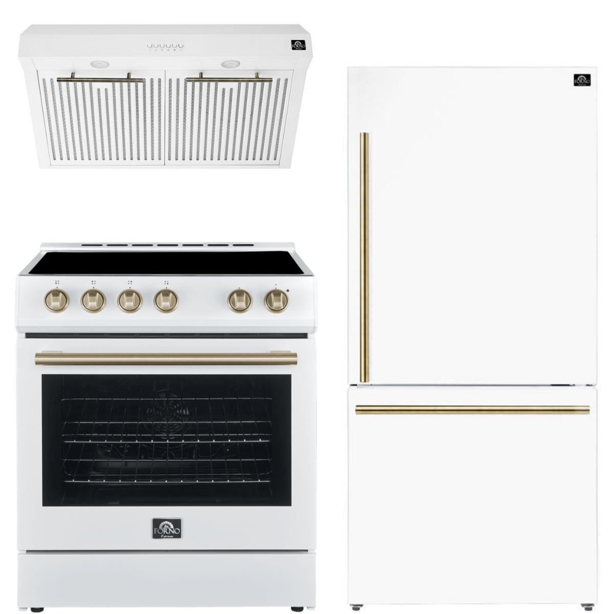 FORNO Espresso Package - 30" Electric Range, Range Hood and Refrigerator in White with Antique Brass Handles, FBDL-001-03US