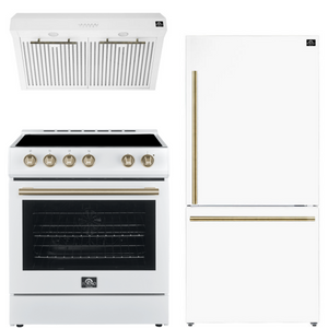 FORNO Espresso Package - 30" Electric Range, Range Hood and Refrigerator in White with Antique Brass Handles, FBDL-001-03US