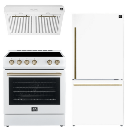 FORNO Espresso Package - 30" Electric Range, Range Hood and Refrigerator in White with Antique Brass Handles, FBDL-001-03US
