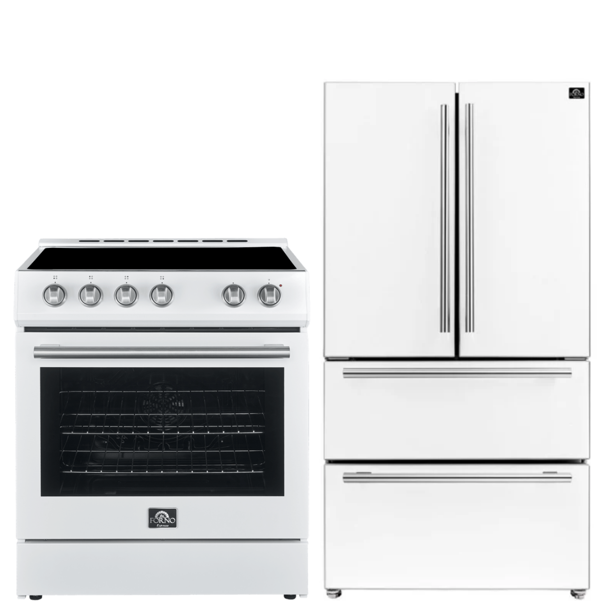 FORNO Espresso Package - 30" Electric Range and Refrigerator in White with Stainless Steel Handles