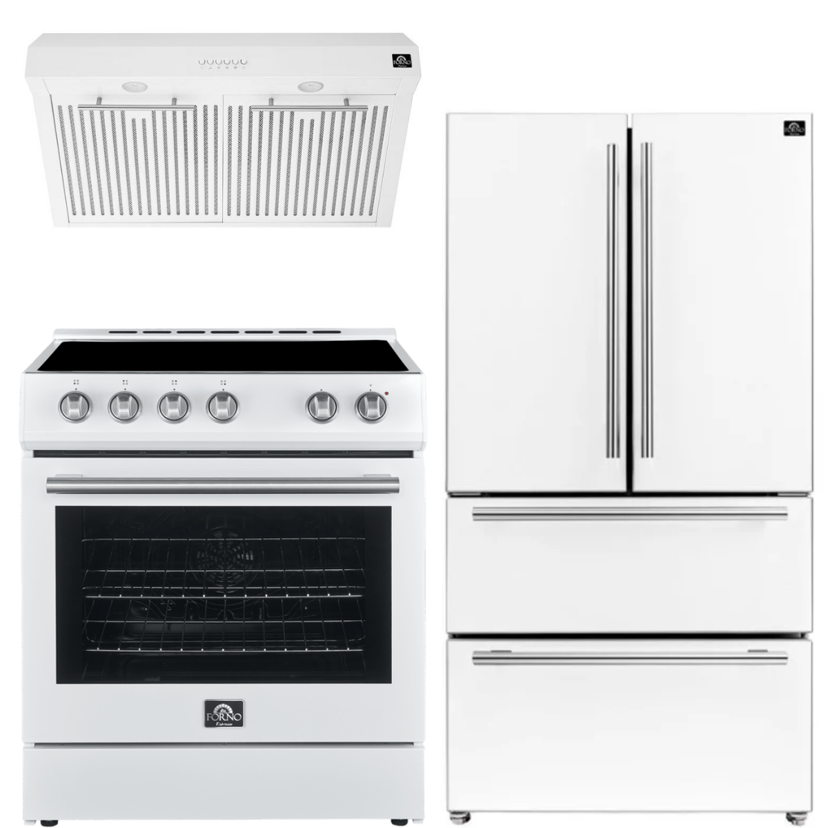 FORNO Espresso Package - 30" Electric Range, Range Hood and Refrigerator in White with Stainless Steel Handles