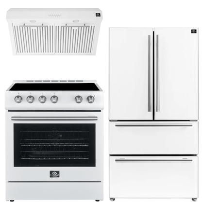 FORNO Espresso Package - 30" Electric Range, Range Hood and Refrigerator in White with Stainless Steel Handles