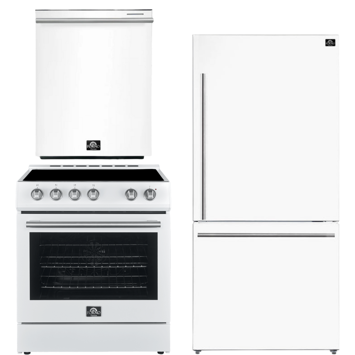 FORNO Espresso Package - 30" Electric Range, Refrigerator and Dishwasher in White with Stainless Steel Handles