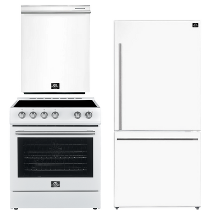 FORNO Espresso Package - 30" Electric Range, Refrigerator and Dishwasher in White with Stainless Steel Handles
