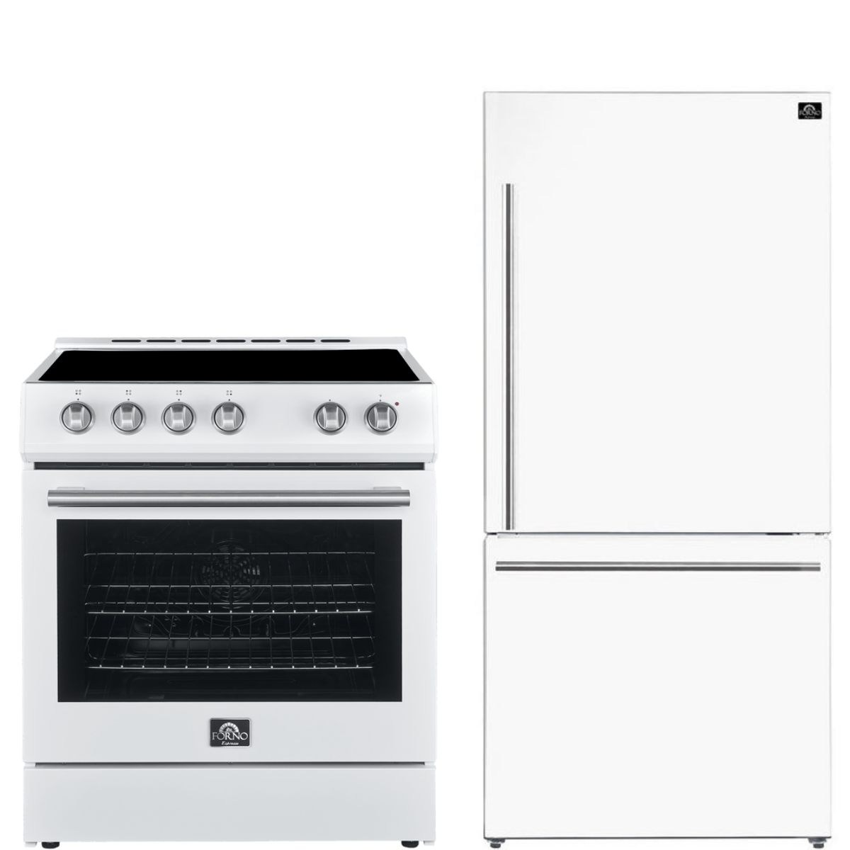 FORNO Espresso Package - 30" Electric Range and Refrigerator in White with Stainless Steel Handles, FBDL-003-03US