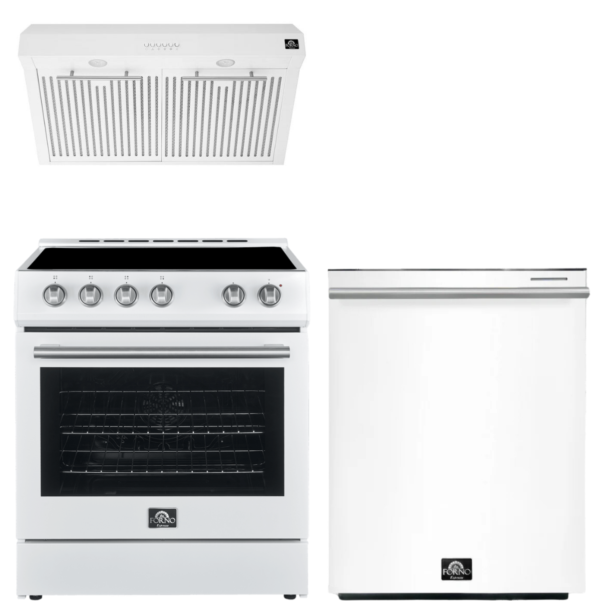 FORNO Espresso Package - 30" Electric Range, Range Hood and Dishwasher in White with Stainless Steel Handles