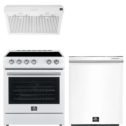 FORNO Espresso Package - 30" Electric Range, Range Hood and Dishwasher in White with Stainless Steel Handles