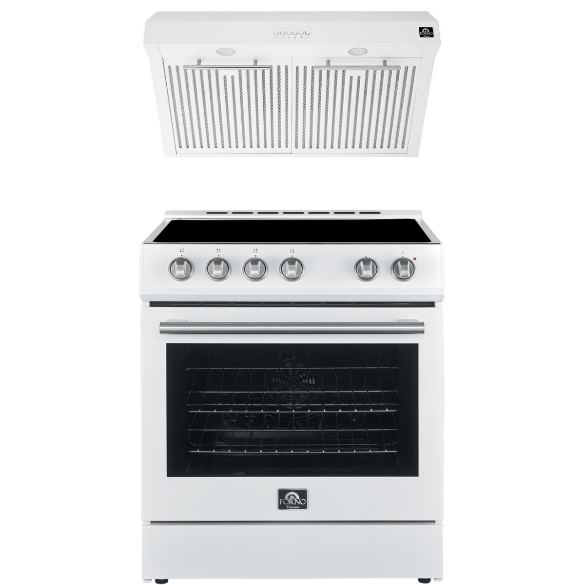 FORNO Espresso Package - 30" Electric Range and Range Hood in White with Stainless Steel Handles, FBDL-002-03US