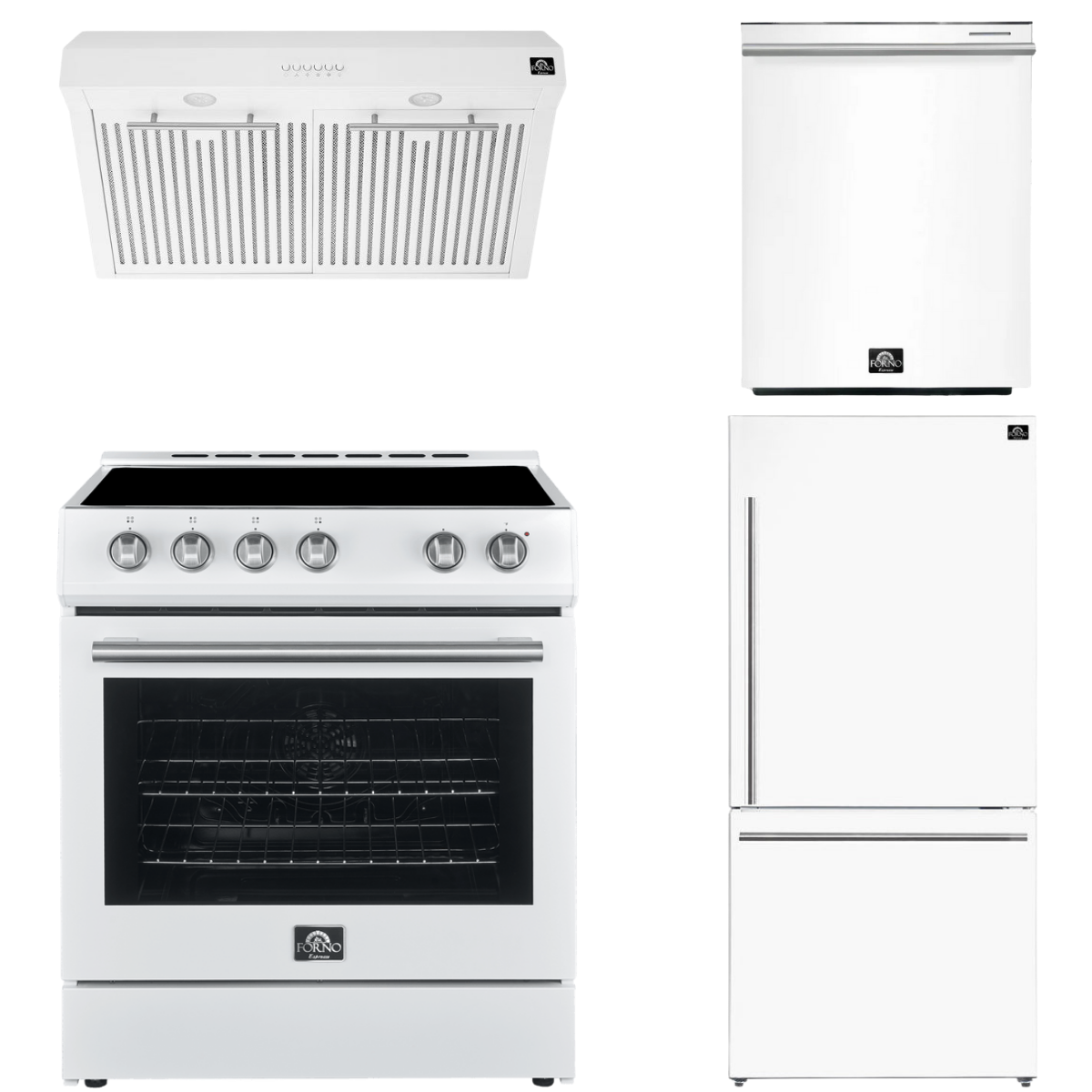 FORNO Espresso Package - 30" Electric Range, Range Hood, Refrigerator and Dishwasher in White with Stainless Steel Handles, FBDL-006-03US