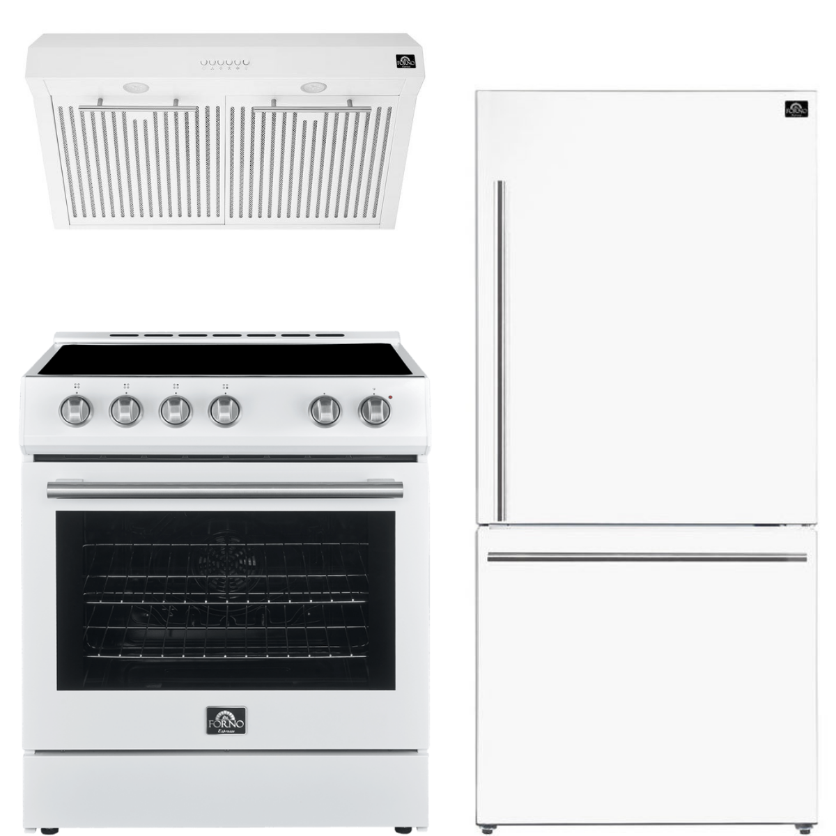 FORNO Espresso Package - 30" Electric Range, Range Hood and Refrigerator in White with Stainless Steel Handles, FBDL-001-03US