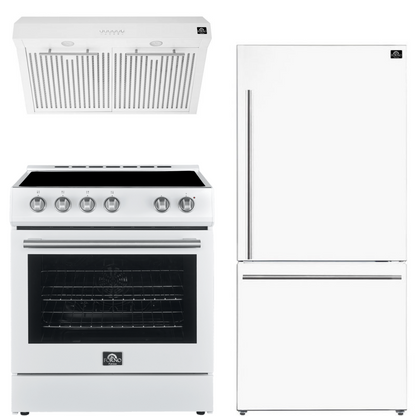 FORNO Espresso Package - 30" Electric Range, Range Hood and Refrigerator in White with Stainless Steel Handles, FBDL-001-03US
