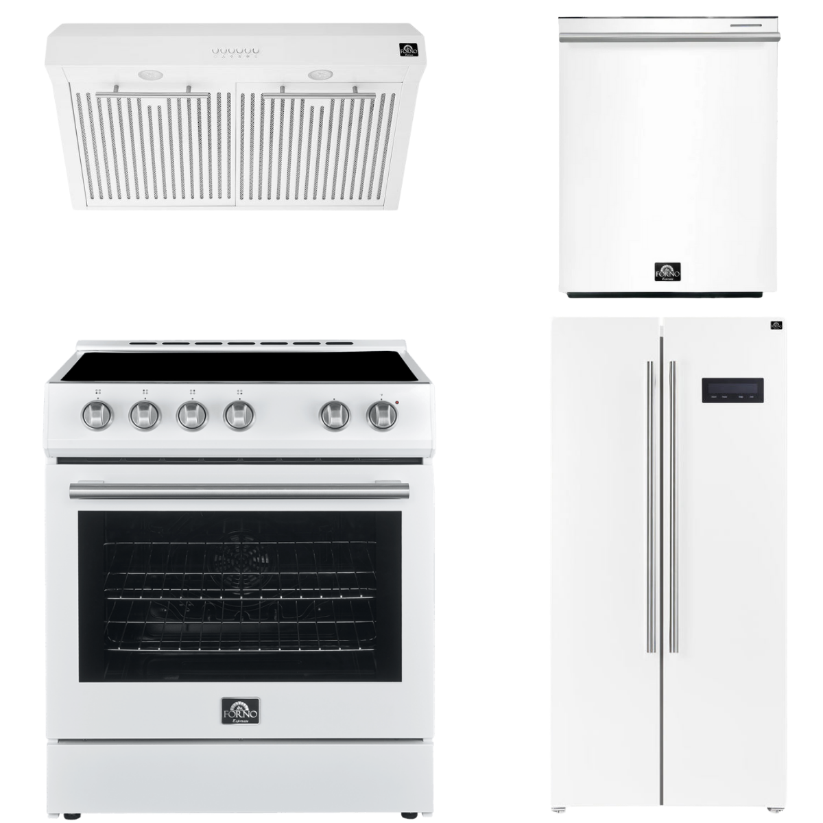 FORNO Espresso Package - 30" Electric Range, Range Hood, Refrigerator and Dishwasher in White with Stainless Steel Handles