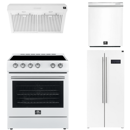 FORNO Espresso Package - 30" Electric Range, Range Hood, Refrigerator and Dishwasher in White with Stainless Steel Handles