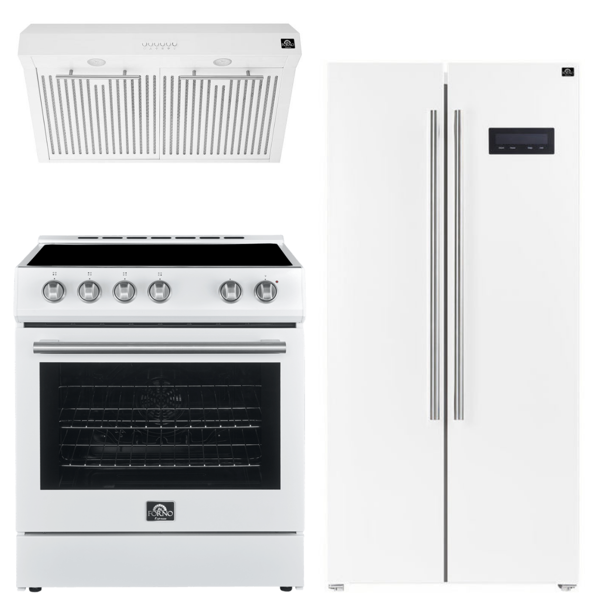 FORNO Espresso Package - 30" Electric Range, Range Hood and Refrigerator in White with Stainless Steel Handles