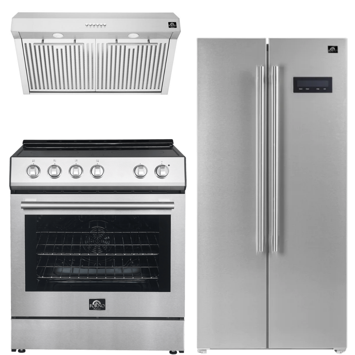 FORNO Espresso Package - 30" Electric Range, Range Hood and Refrigerator in Stainless Steel