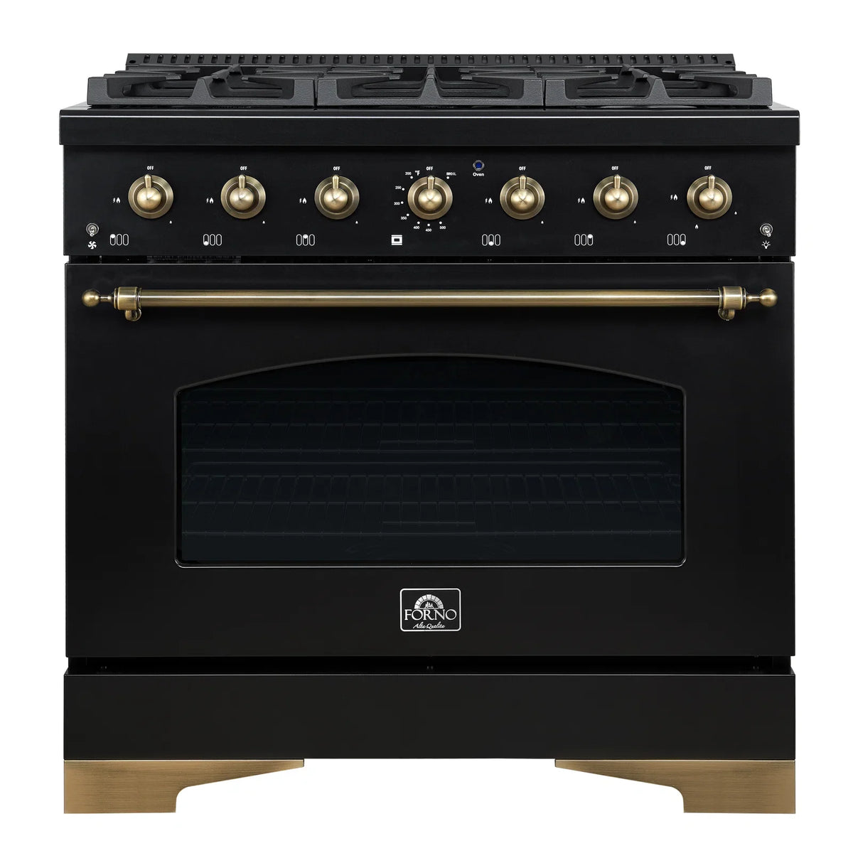 FORNO Antico 36" 4.5 cu. ft. Gas Range with 6 Sealed Burners in Black with Antique Brass Accents, FFSGS6219-36BLK