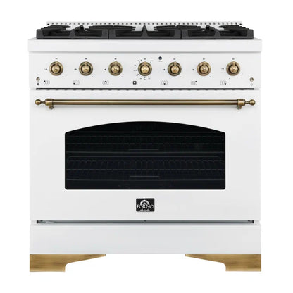 FORNO Antico 36" 4.5 cu. ft. Dual Fuel Range with 6 Sealed Burners in White with Antique Brass Accents, FFSGS6113-36WHT
