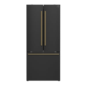 FORNO Espresso Gallipoli 30" 17.5 Cu. Ft. Refrigerator with Ice Maker in Black with Antique Brass Handles, FFFFD1974-31BLK
