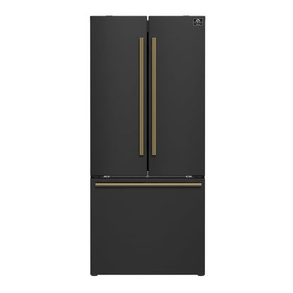 FORNO Espresso Gallipoli 30" 17.5 Cu. Ft. Refrigerator with Ice Maker in Black with Antique Brass Handles, FFFFD1974-31BLK