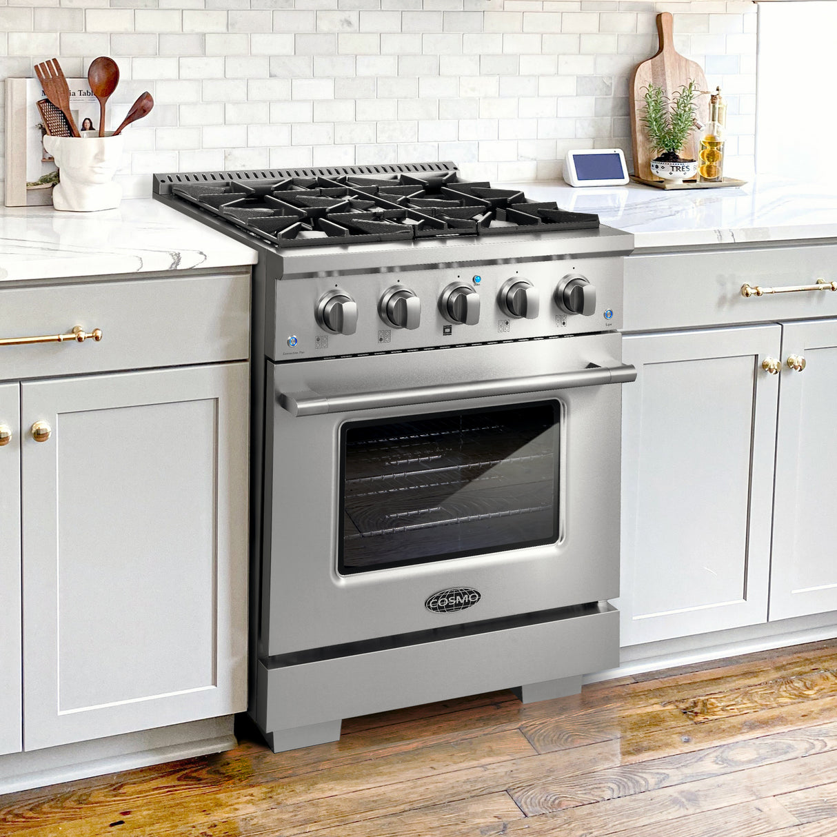 Cosmo Commercial-Style 30" 3.5 cu. ft. Gas Range with 4 Burners and Heavy Duty Cast Iron Grates in Stainless Steel