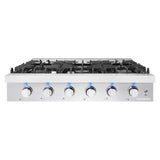 Cosmo 36" Slide-In Counter Gas Cooktop with 6 Sealed Italian Burners, Black Porcelain Surface, Cast Iron Grates, Metal Knobs in Stainless Steel