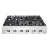 Cosmo 36" Slide-In Counter Gas Cooktop with 6 Sealed Italian Burners, Black Porcelain Surface, Cast Iron Grates, Metal Knobs in Stainless Steel