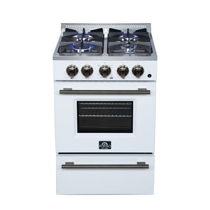 FORNO Breno 24" 2.3 cu. ft Freestanding Gas Range with 4 Sealed Burners, Storage Drawer and Air Fryer Kit in White with Antique Brass Accents, FFSGS6272-24WHT
