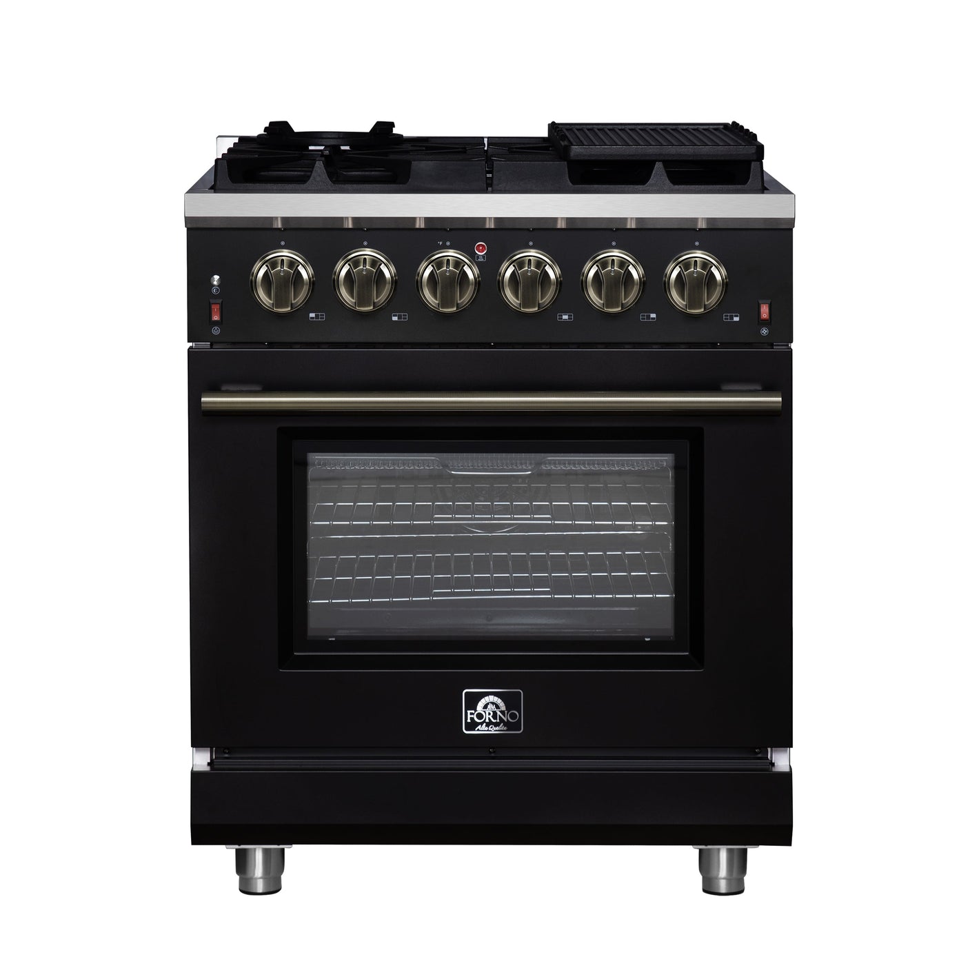 FORNO Massimo 30" 4.32 cu. ft. Freestanding Gas Range with 5 Sealed Burners, Air Fryer Kit, Wok Support & Griddle in Black with Antique Brass Accents, FFSGS6239-30BLK