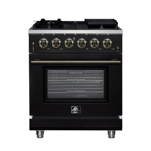FORNO Massimo 30" 4.32 cu. ft. Freestanding Gas Range with 5 Sealed Burners, Air Fryer Kit, Wok Support & Griddle in Black with Antique Brass Accents, FFSGS6239-30BLK
