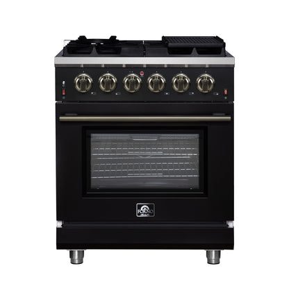 FORNO Massimo 30" 4.32 cu. ft. Freestanding Gas Range with 5 Sealed Burners, Air Fryer Kit, Wok Support & Griddle in Black with Antique Brass Accents, FFSGS6239-30BLK