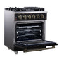 FORNO Massimo 30" 4.32 cu. ft. Freestanding Gas Range with 5 Sealed Burners, Air Fryer Kit, Wok Support & Griddle in Black with Antique Brass Accents, FFSGS6239-30BLK