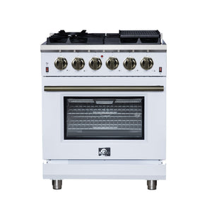 FORNO Massimo 30" 4.32 cu. ft. Freestanding Gas Range with 5 Sealed Burners, Air Fryer Kit, Wok Support & Griddle in White with Antique Brass Accents, FFSGS6239-30WHT