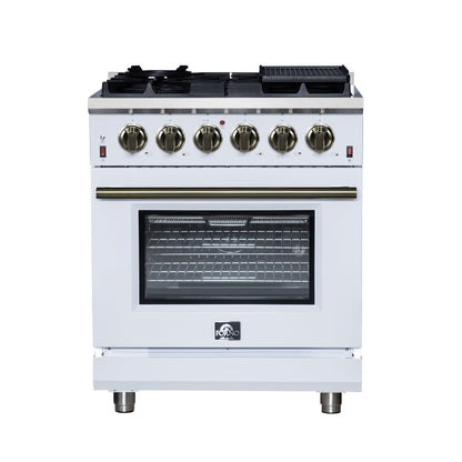 FORNO Massimo 30" 4.32 cu. ft. Freestanding Gas Range with 5 Sealed Burners, Air Fryer Kit, Wok Support & Griddle in White with Antique Brass Accents, FFSGS6239-30WHT