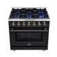 FORNO Massimo 36" 5.36 cu. ft. Freestanding Gas Range with 6 Sealed Burners, Air Fryer Kit, Wok Support & Griddle in Black with Antique Brass Accents, FFSGS6239-36BLK