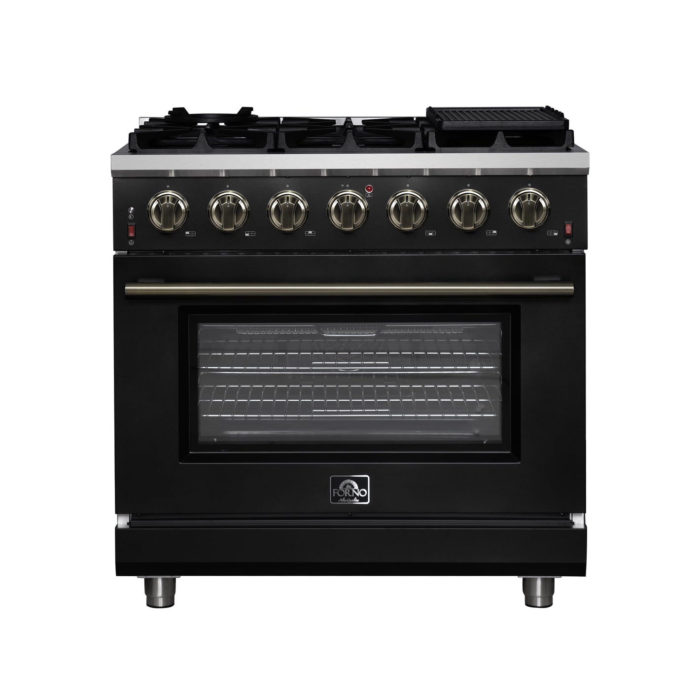 FORNO Massimo 36" 5.36 cu. ft. Freestanding Gas Range with 6 Sealed Burners, Air Fryer Kit, Wok Support & Griddle in Black with Antique Brass Accents, FFSGS6239-36BLK