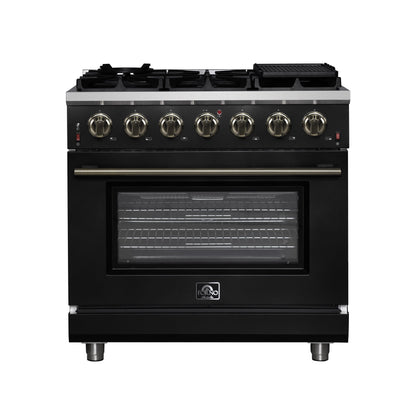 FORNO Massimo 36" 5.36 cu. ft. Freestanding Gas Range with 6 Sealed Burners, Air Fryer Kit, Wok Support & Griddle in Black with Antique Brass Accents, FFSGS6239-36BLK