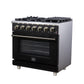 FORNO Massimo 36" 5.36 cu. ft. Freestanding Gas Range with 6 Sealed Burners, Air Fryer Kit, Wok Support & Griddle in Black with Antique Brass Accents, FFSGS6239-36BLK