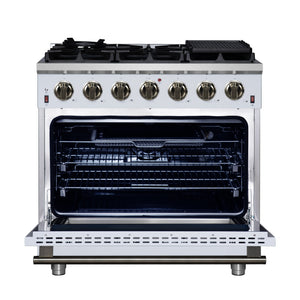 FORNO Massimo 36" 5.36 cu. ft. Freestanding Gas Range with 6 Sealed Burners, Air Fryer Kit, Wok Support & Griddle in White with Antique Brass Accents, FFSGS6239-36WHT