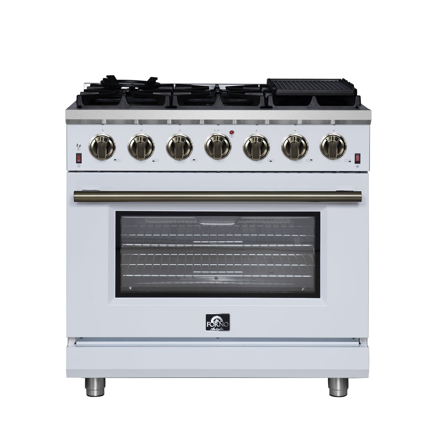 FORNO Massimo 36" 5.36 cu. ft. Freestanding Gas Range with 6 Sealed Burners, Air Fryer Kit, Wok Support & Griddle in White with Antique Brass Accents, FFSGS6239-36WHT