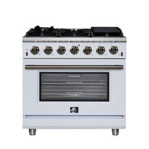 FORNO Massimo 36" 5.36 cu. ft. Freestanding Gas Range with 6 Sealed Burners, Air Fryer Kit, Wok Support & Griddle in White with Antique Brass Accents, FFSGS6239-36WHT