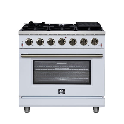 FORNO Massimo 36" 5.36 cu. ft. Freestanding Gas Range with 6 Sealed Burners, Air Fryer Kit, Wok Support & Griddle in White with Antique Brass Accents, FFSGS6239-36WHT