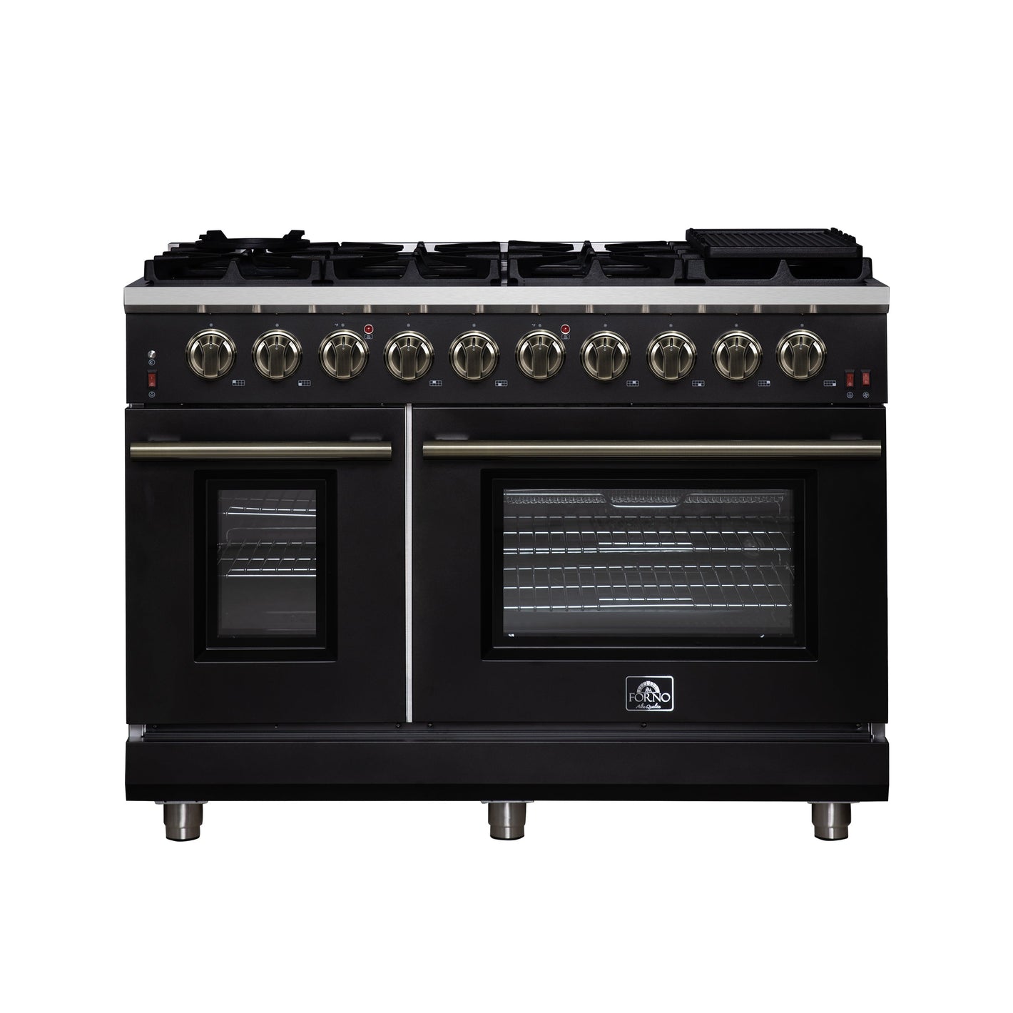 FORNO Massimo 48" 6.58 cu. ft. Freestanding Gas Range with 8 Sealed Burners, Air Fryer Kit, Wok Support & Griddle in Black with Antique Brass Accents, FFSGS6239-48BLK